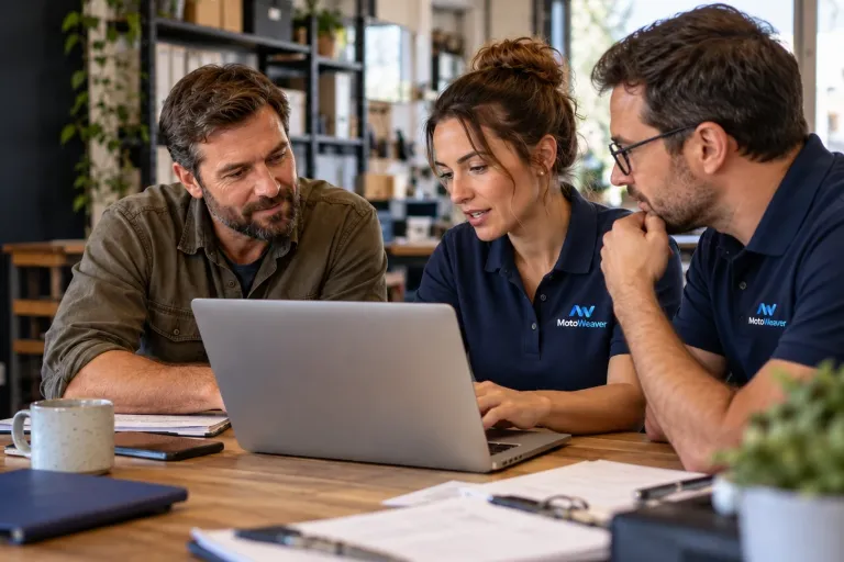 A small-business owner and two advisors reviewing a laptop together.