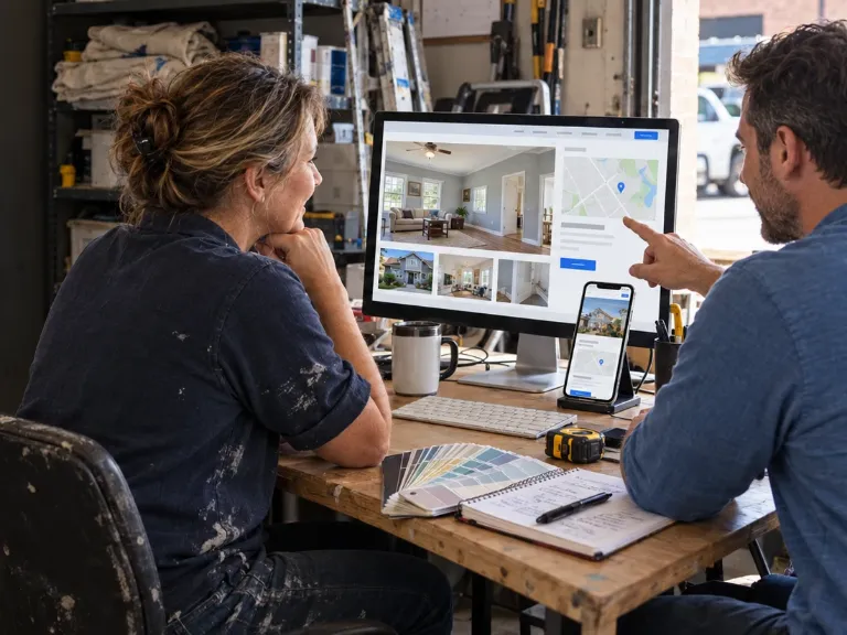 Illustrative image: a business owner and an advisor review a website design on a desktop monitor and a phone.